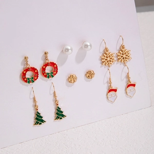 Set di 6 paia di orecchini natalizi con motivi di albero fiocco di neve e Babbo Natale