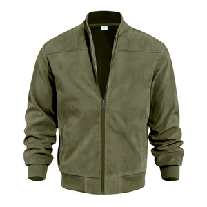 Detail of olive green suede bomber jacket with ribbed collar and zipper closure
