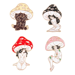 Set of four creative mushroom girl enamel lapel pins with unique artistic designs