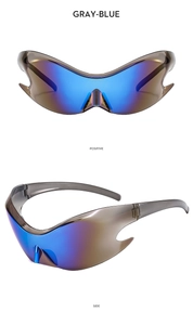 Detailed views of gray-blue futuristic Y2K sunglasses with mirrored lenses and resin frames
