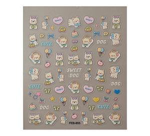 Detailed view of 5D embossed nail stickers with cute white dogs and colorful balloons