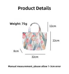 Detailed dimensions of tulip printed canvas handbag with hay rabbit brand label