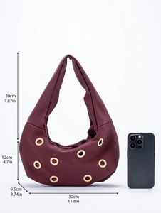 Detailed size specifications for burgundy suede hobo bag with gold metal eyelets decoration