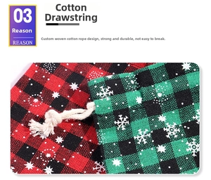 Macro detail of Christmas plaid cotton bag with durable braided drawstring and snowflake print