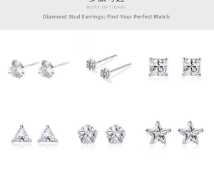 Detailed set of six pairs of S999 silver stud earrings with various zircon stone shapes