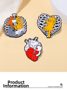 Detailed enamel cat brooch set featuring artistic skull ribs and heart motifs
