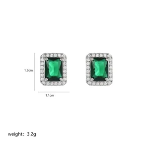 Luxury silver-plated square emerald stud earrings with halo cubic zirconia stones