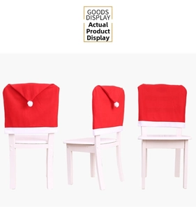 Three-sided view of red velvet Christmas chair cover with white pompom and trim detail