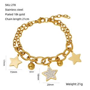 Detailed view of 18k gold plated stainless steel star bracelet with sizing and dimensions