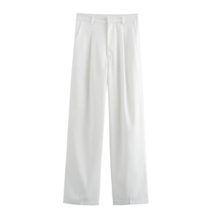Pantaloni bianchi a vita alta da donna con gamba dritta e pieghe frontali in tessuto liscio