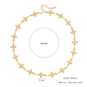Detail view of gold stainless steel cross necklace with size and weight dimensions