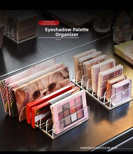 Macro detail of multi-slot clear acrylic makeup organizer for eyeshadow palettes on desk