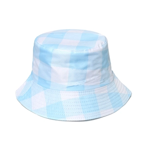 Detail of blue and white gingham fisherman hat featuring breathable cotton texture