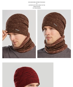 Detail of warm men's winter knit hat and scarf set with thick faux fleece lining