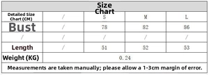 Detailed size chart for women's knit top showing measurements for S, M, and L sizes in CM