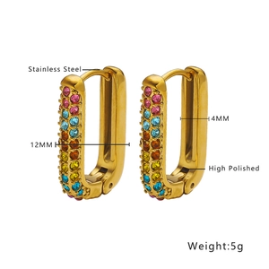 Detail of 18k gold plated stainless steel U-hoop earrings with colorful zircon stones