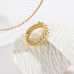 Elegant 18k gold wheat ear open ring with sparkling marquise zircons for women