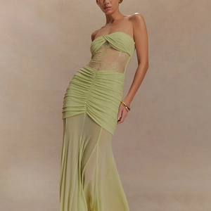 Elegant light green strapless maxi dress with lace splicing and pleated slim fit design