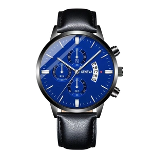Close-up of Geneva men's sports watch featuring a blue dial and black leather strap