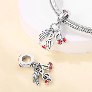 Silver music note charm bead with heart and purple gemstone for DIY charm bracelets
