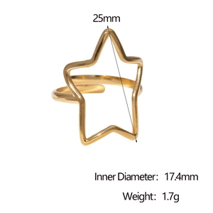 Detailed view of golden hollow star ring with measurements 17.4mm diameter and 25mm height