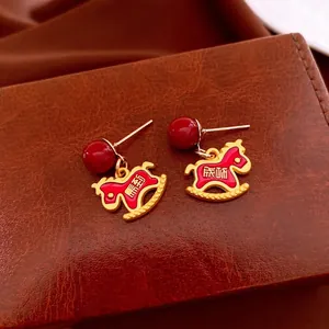 Rocking Horse Drop Earrings With Red Enamel Alloy And Silver Earring Post Chinese New Year Lucky Success Jewelry For Women