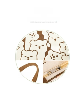 Detail of 12oz canvas fabric texture with cute bear print and premium metal zipper