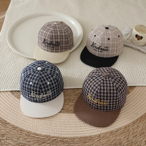 Kids Baseball Cap Flat Brim Plaid Pattern Cotton Blend Adjustable Hip Hop Sun Hat For Boys Outdoor Retro Style