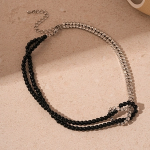 Dark crystal beaded and sparkling rhinestone knotted double-layer necklace for women