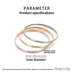 Set of three stainless steel bangles in gold, silver, and rose gold with 65mm inner diameter