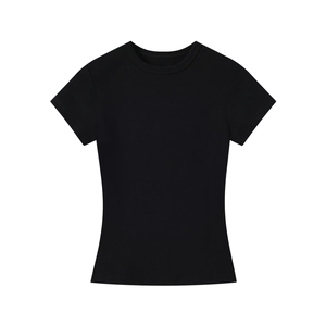 Close-up of black modal stretch fabric on slim fit round neck t-shirt with tight texture