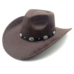Detail of dark brown cowboy hat featuring snakeskin texture and silver buckle