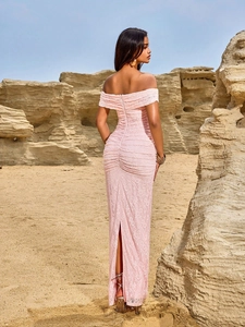 Elegant off-shoulder pink lace maxi dress with floral patterns for formal evening events