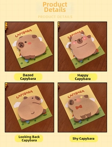 Macro view of four Capybara sticky notes with different cute expressions on a desk