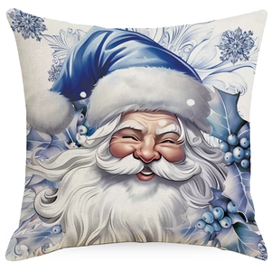Square Christmas pillow case featuring a blue Santa Claus design and delicate snowflakes