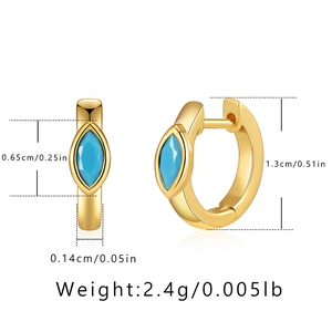 Close-up of gold-plated hoop earrings with turquoise stones and detailed dimensions