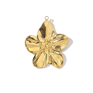 Golden five-petal flower charm pendant in 3D textured stainless steel for DIY jewelry