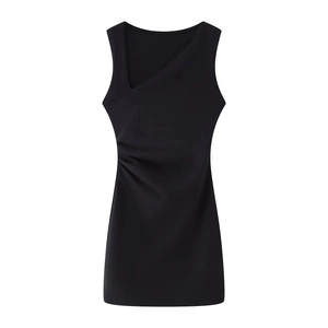 Elegant black sleeveless mini dress featuring a unique cutout neckline and side pleats