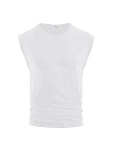 Detailed view of white sleeveless tank top label showing size S and 100% polyester fabric