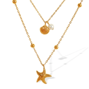 Double-layered titanium steel necklace featuring starfish, shell, and pearl charms in 18K gold