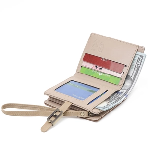 Beige faux leather bifold wallet with wristlet, multi-card slots and bill compartment