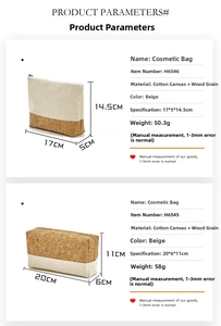 Detailed size specifications for cotton canvas and cork makeup bags in two styles