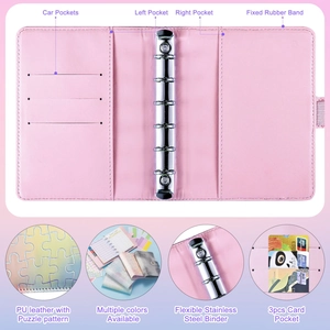 Pink PU leather A7 binder detail featuring card slots and flexible stainless steel rings