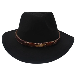 Detail of black wool felt cowboy hat featuring a leather band with gold feather ornament
