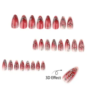 Pink gradient Y2K press-on nails with 3D silver butterfly and liquid metal heart accents