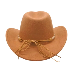 Detail of camel wool felt western cowboy hat featuring a slim decorative cord bow