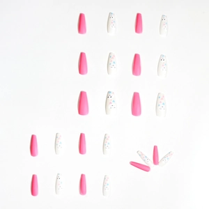 Pink and white press-on nails with cartoon clouds and smileys in long coffin shape