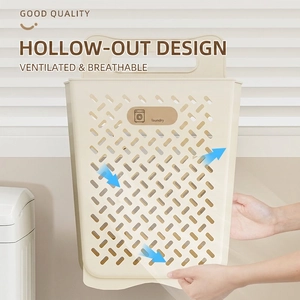 Beige wall-mounted foldable laundry basket with breathable hollow diamond pattern design