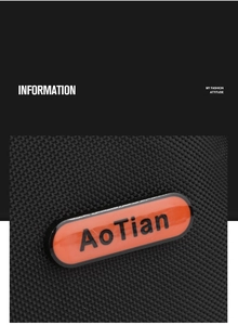 Detailed macro view of the AoTian black textured fabric and orange brand logo on the bag