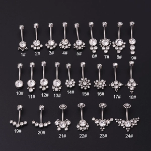 Collection of 24 styles of stainless steel belly button rings with sparkling crystals